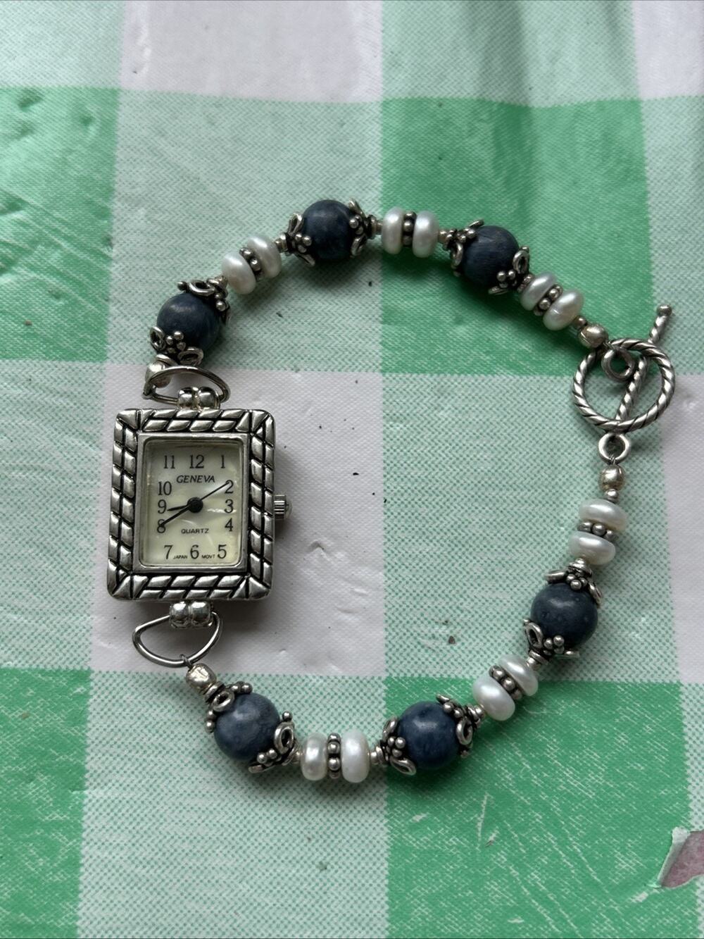 Geneva Silver Tone Bead Band Bracelet Womens Quartz Watch